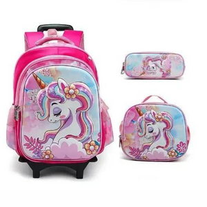 Children Unicorn Rolling School Trolley Backpack Bag For Girls kids Sets