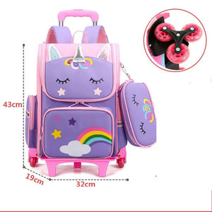 Cartoon Unicorn School Trolley Backpack Bag For Girls Kids Set