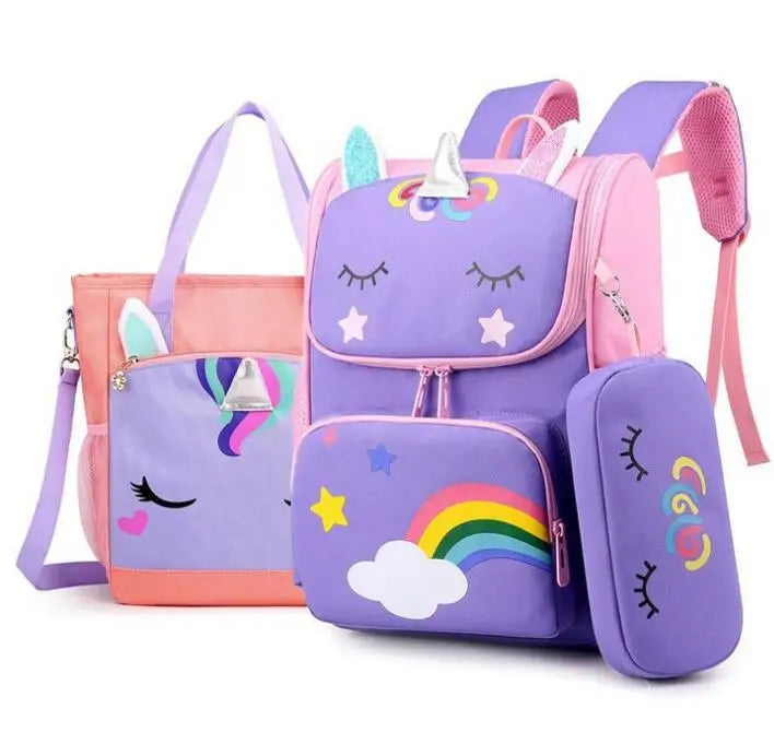 Cartoon Unicorn School Trolley Backpack Bag For Girls Kids Set