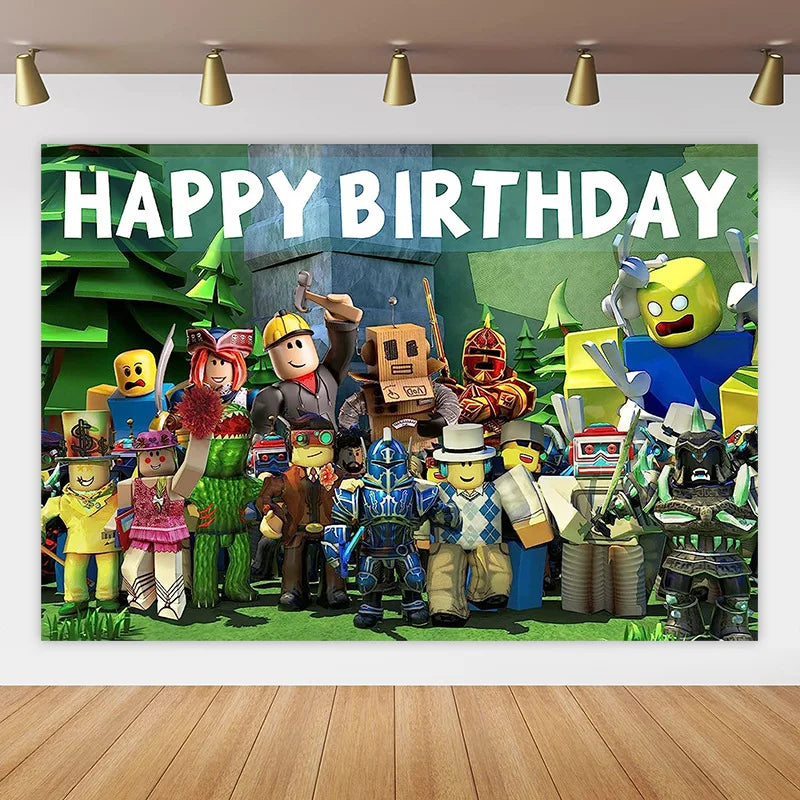 Boy Girls ROBLOX Birthday Banner Backdrop 100x150cm