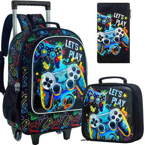 Rolling Game Controller School Trolley Backpack Bag Set For Kids Boys Girls